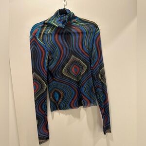 AFRM Blue and Green Graphic Fitted Sheer Turtlenexk